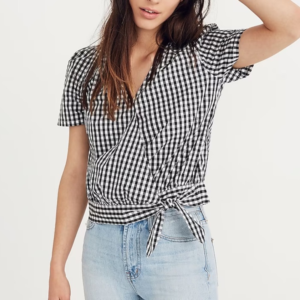 Madewell Short-Sleeve Wrap Top in Gingham Check black & white small